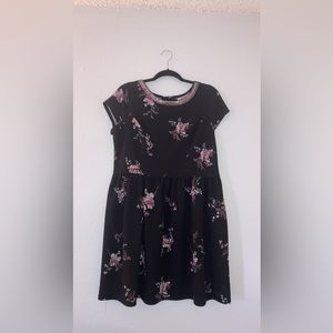 Xhileration Cap Sleeve Black Floral Fit and Flare Dress with Beaded Neckline